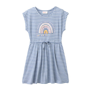 People wear organic Kinder Kurzarm-Kleid GOTS - blaugrau geringelt