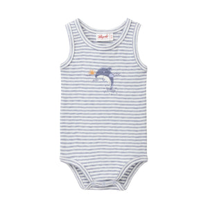 People wear organic Body ohne Arm GOTS - taubenblau geringelt Single Print „Delfin“