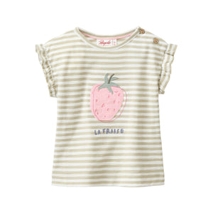 People wear organic Kurzarm-Shirt GOTS - khaki geringelt Single Print „big strawberry“
