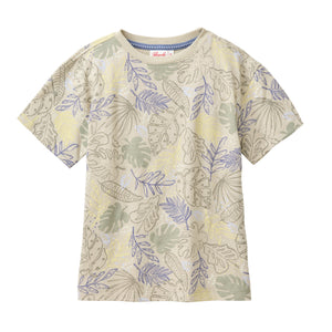 People wear organic Kinder Kurzarm-Shirt GOTS - khaki AOP tropische Blätter