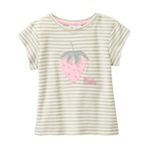People wear organic Kinder Kurzarm-Shirt GOTS - khaki geringelt Applikation „Erdbeere“