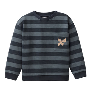 People wear organic Kinder Sweat-Pullover GOTS - dunkelblau AOP Blockstreifen Stickerei Elch
