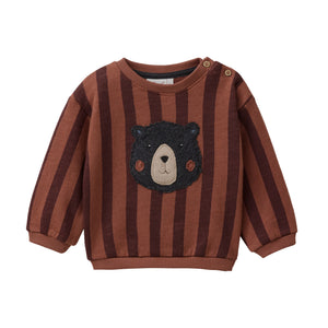 People wear organic Sweat-Pullover GOTS - mahagoni AOP verschwommene Blockstreifen Applikation "bear head"