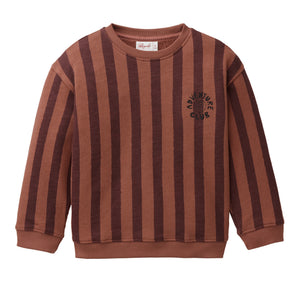 People wear organic Kinder Sweat-Pullover GOTS - mahagoni AOP verschwommene Blockstreifen Stickerei "Adventure Club"